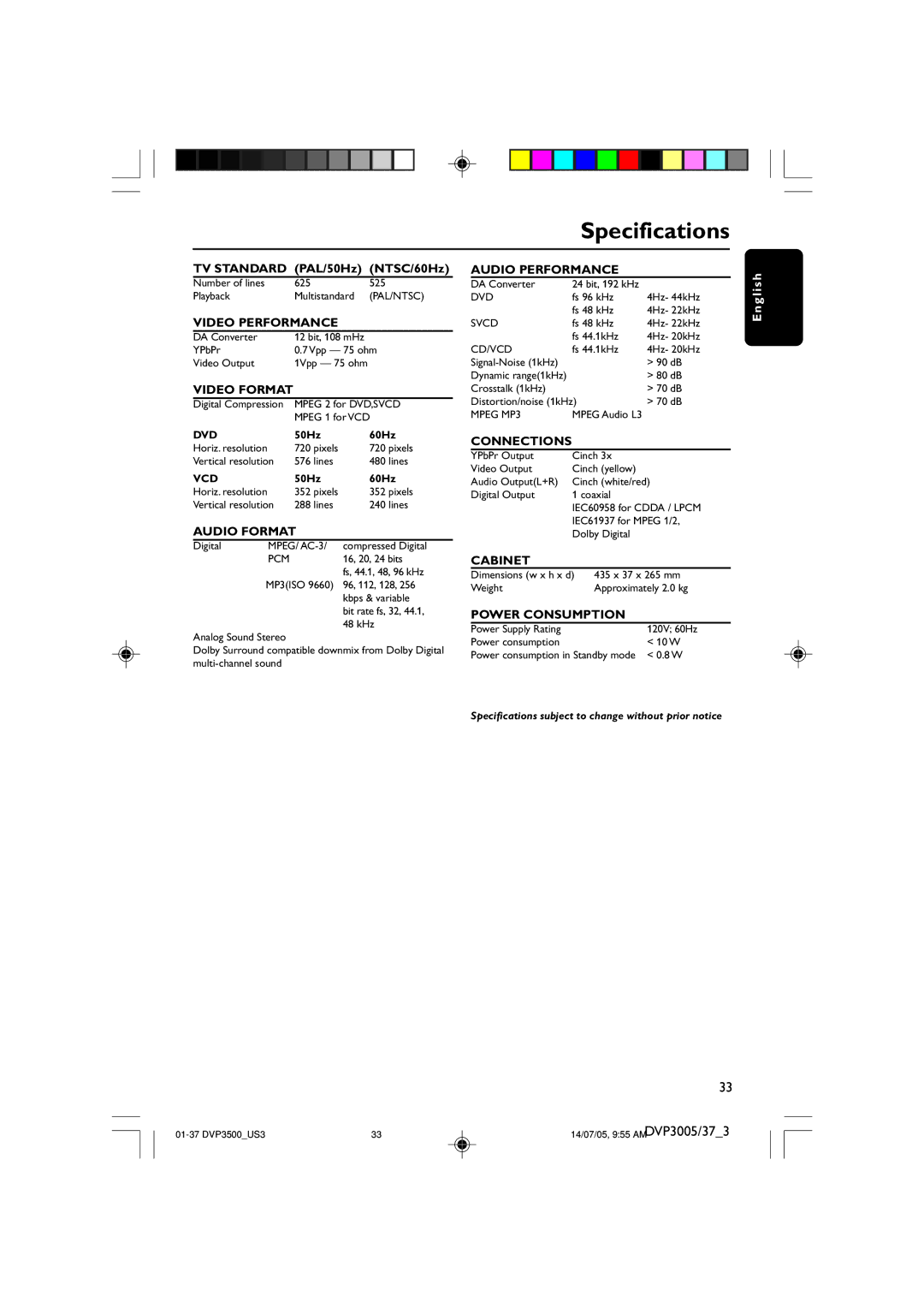 Philips DVP3005/37 user manual Specifications, Video Format 