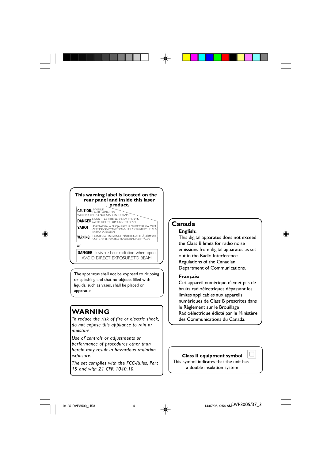 Philips DVP3005/37 user manual Product, English, Français, Class II equipment symbol 