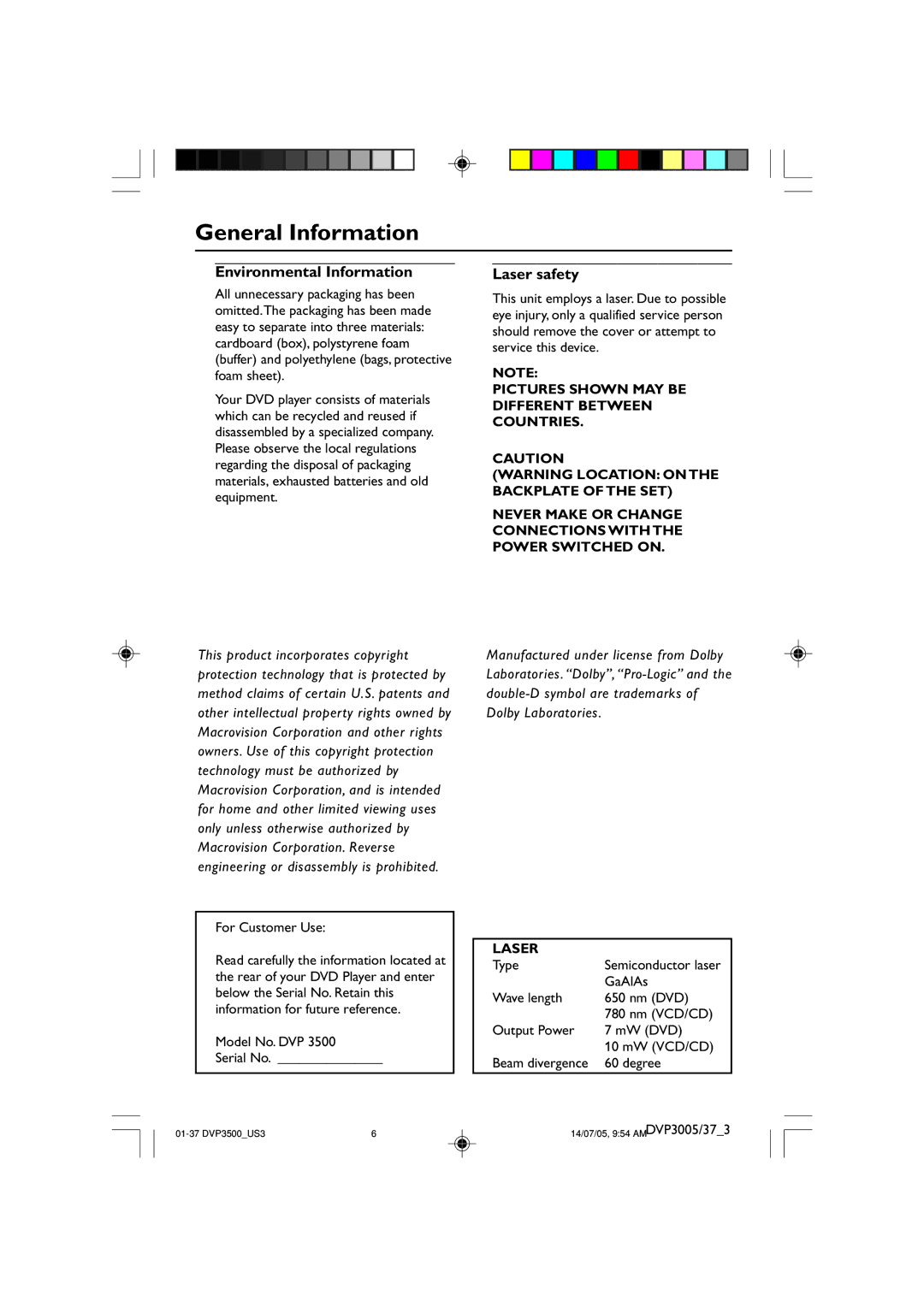 Philips DVP3005/37 user manual General Information, Environmental Information, Laser safety 