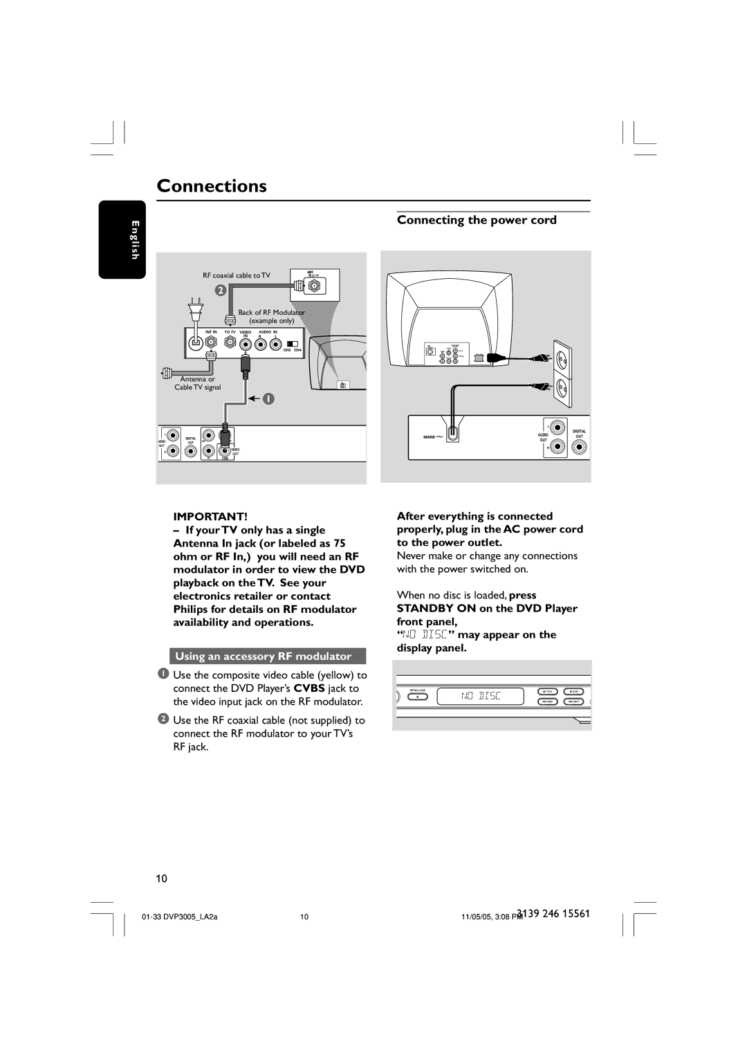 Philips DVP3005/78 user manual Connections, Connecting the power cord, Using an accessory RF modulator 