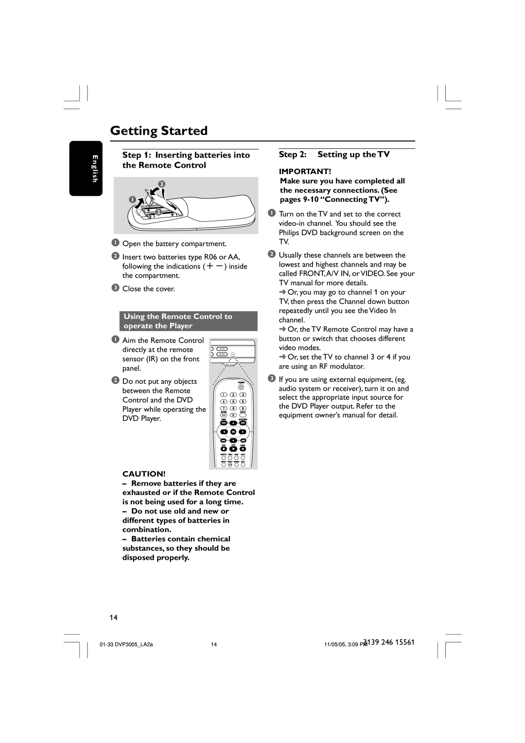 Philips DVP3005/78 user manual Getting Started, Inserting batteries into the Remote Control, Setting up the TV 