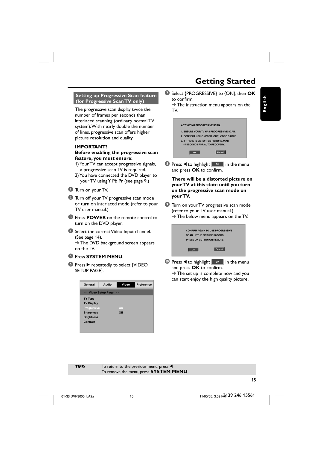 Philips DVP3005/78 user manual Press System Menu, Press 2 repeatedly to select Video Setup 