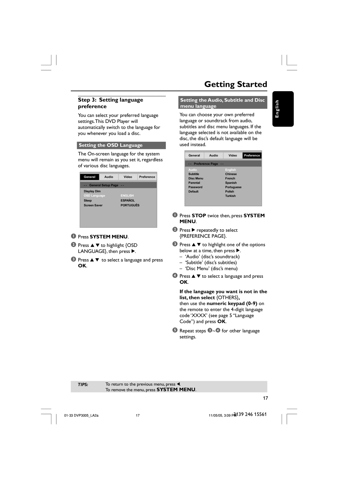 Philips DVP3005/78 user manual Setting language preference, Setting the OSD Language 