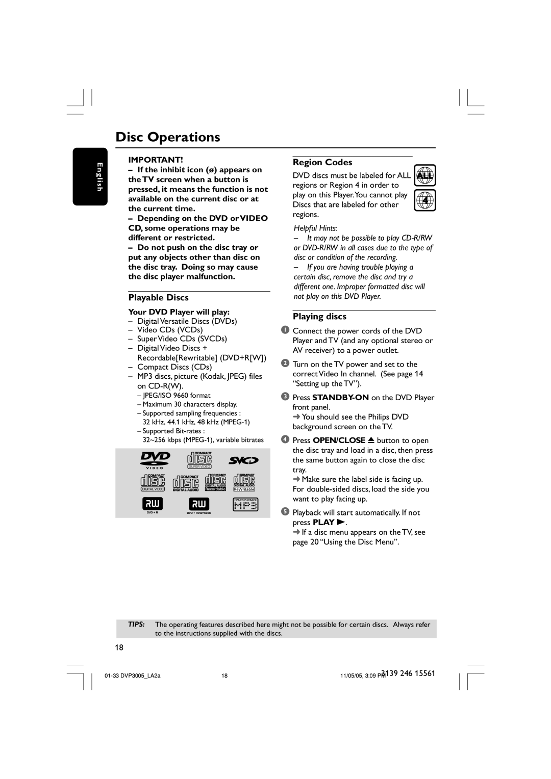 Philips DVP3005/78 user manual Disc Operations, Playable Discs, Region Codes, Playing discs, Your DVD Player will play 