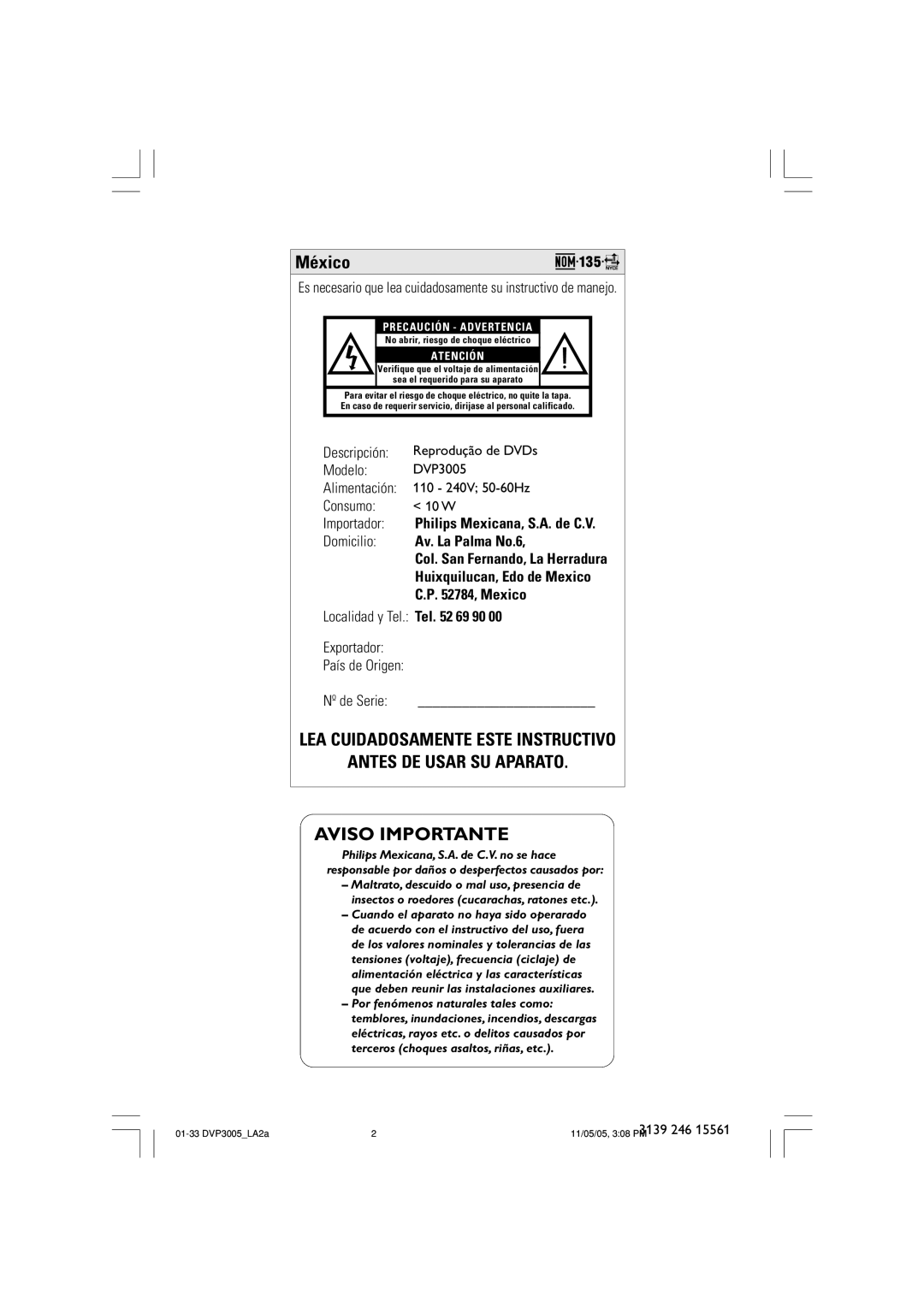 Philips DVP3005/78 user manual Aviso Importante 