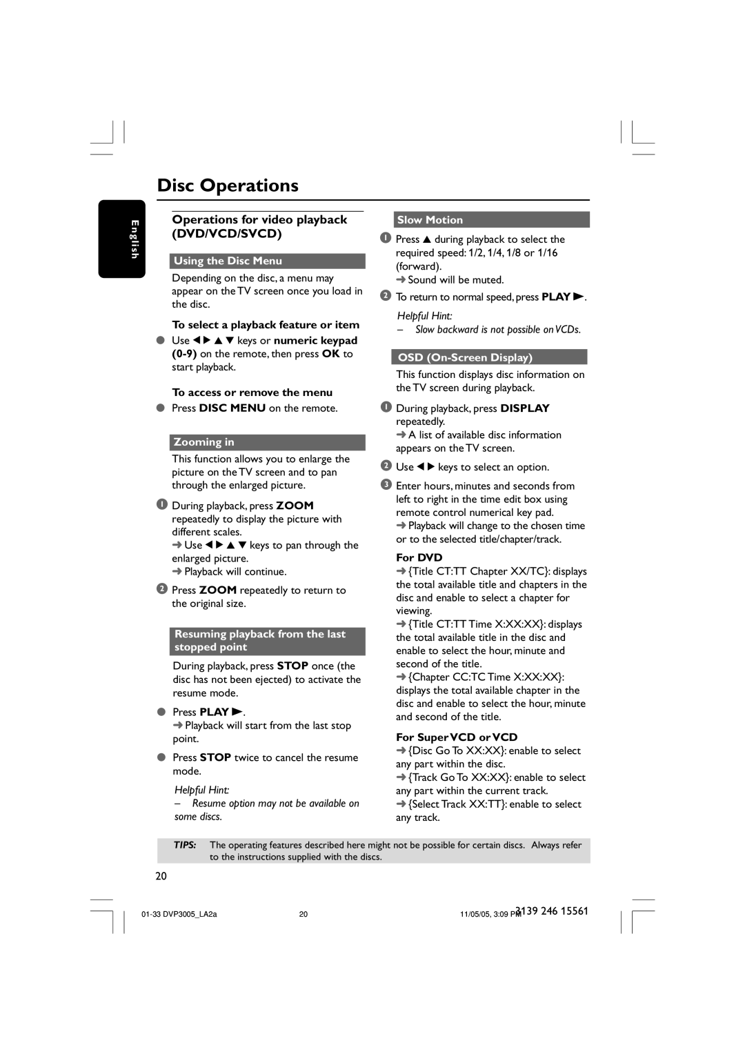 Philips DVP3005/78 user manual Operations for video playback DVD/VCD/SVCD 