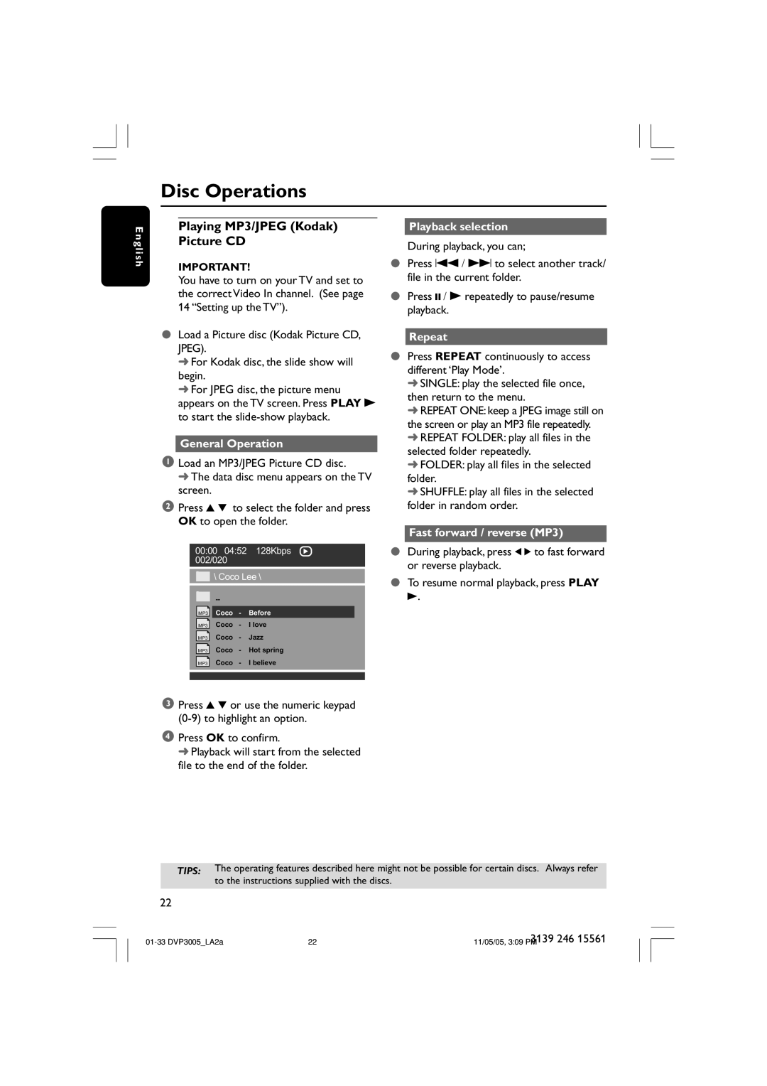 Philips DVP3005/78 user manual Playing MP3/JPEG Kodak Picture CD, General Operation, Playback selection, Repeat 