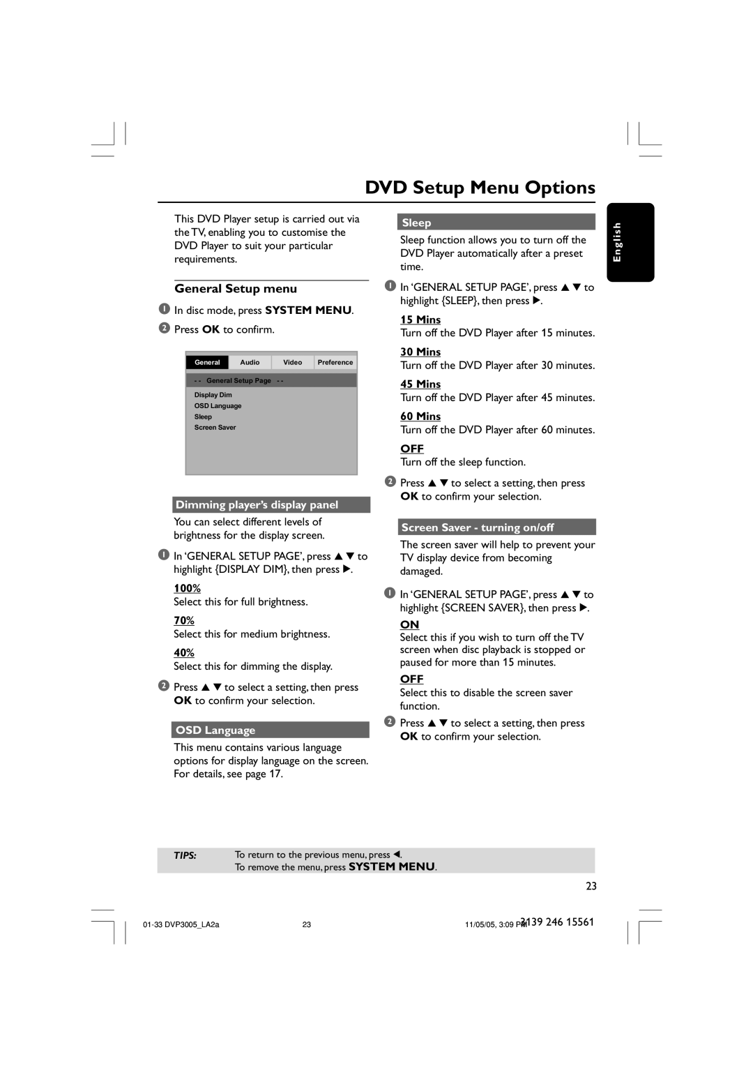 Philips DVP3005/78 user manual DVD Setup Menu Options, General Setup menu, Off 