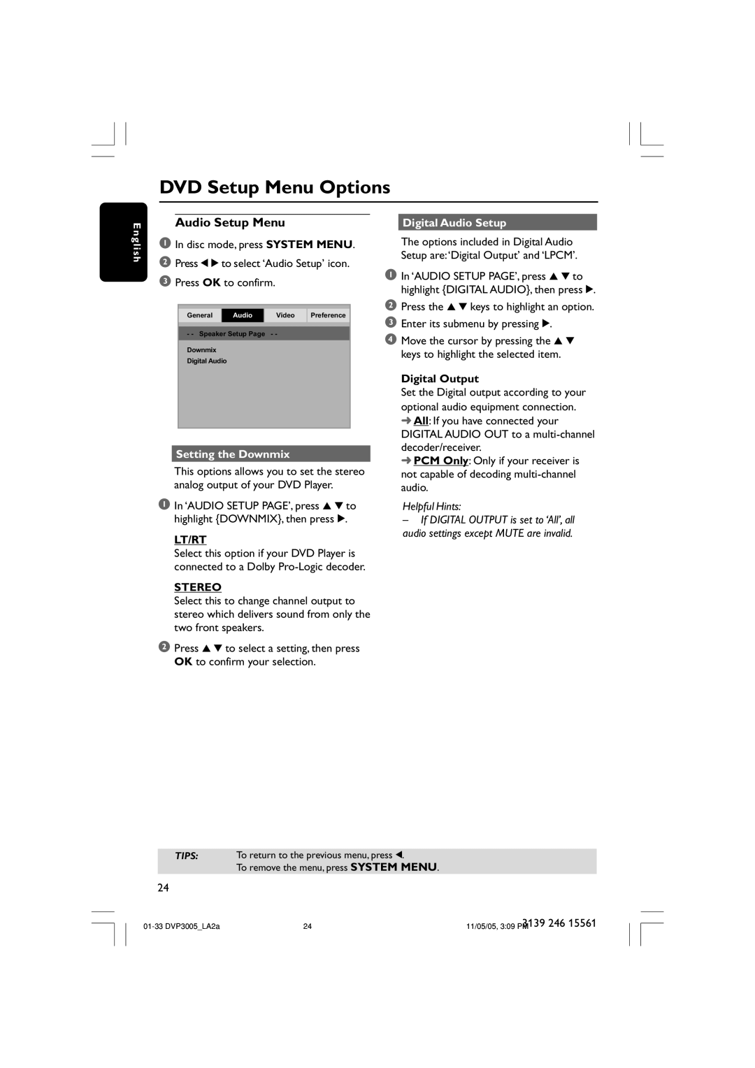 Philips DVP3005/78 user manual Audio Setup Menu, Setting the Downmix, Lt/Rt, Stereo, Digital Audio Setup 