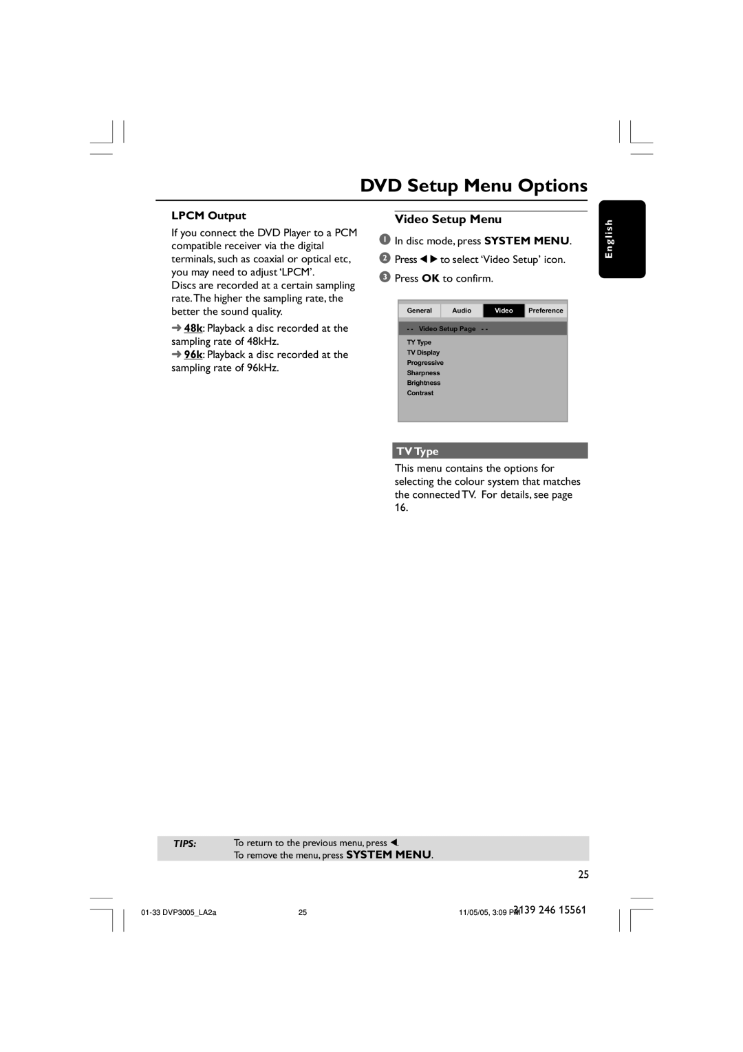 Philips DVP3005/78 user manual Video Setup Menu, Lpcm Output, TV Type 