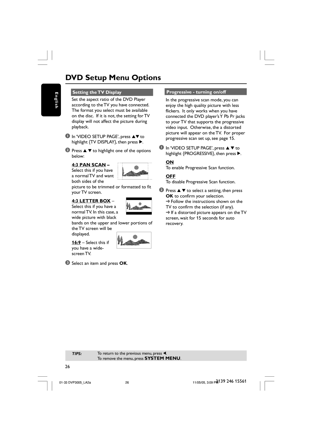 Philips DVP3005/78 user manual Setting the TV Display Progressive turning on/off, Off 