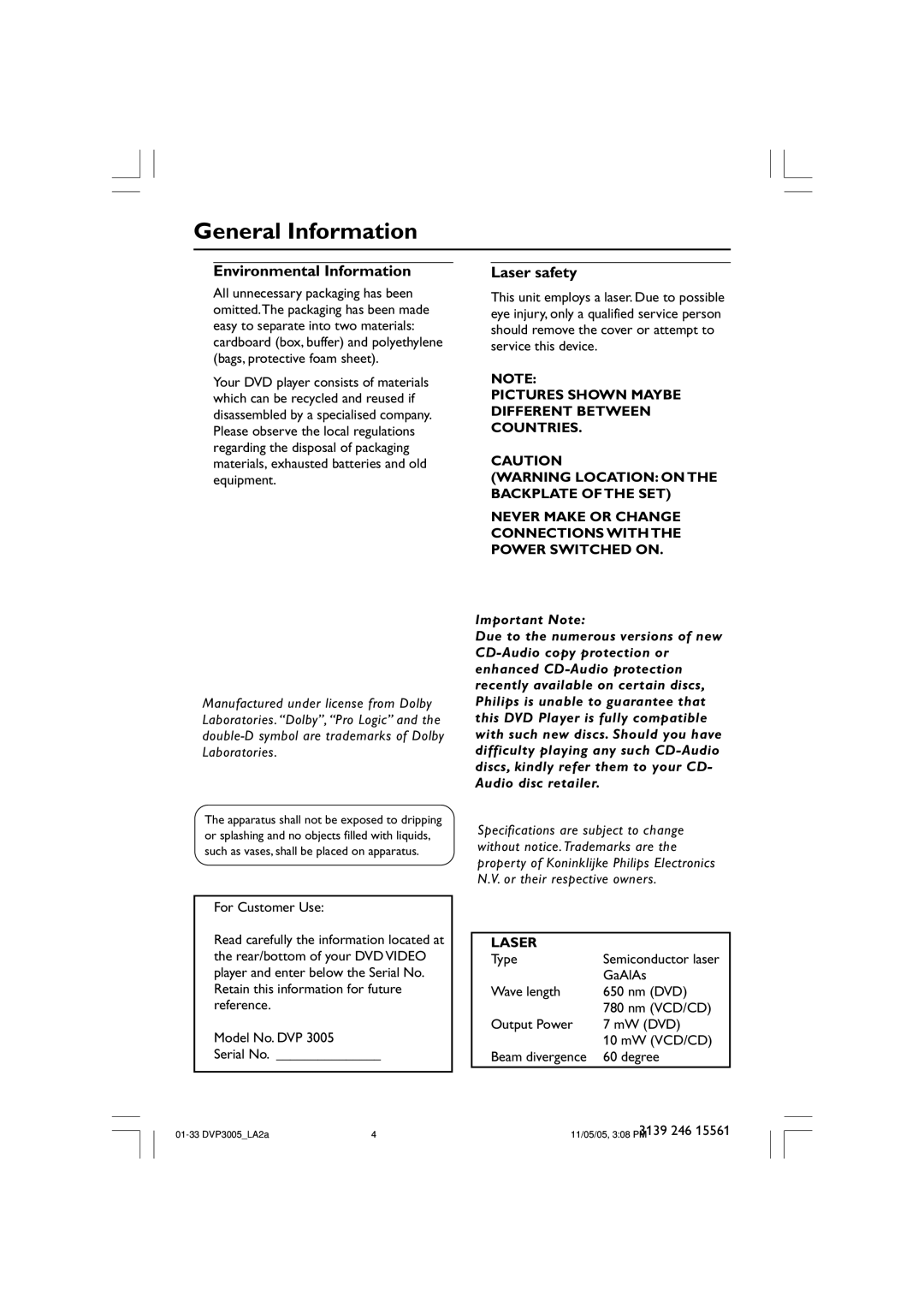 Philips DVP3005/78 user manual General Information, Environmental Information, Laser safety 