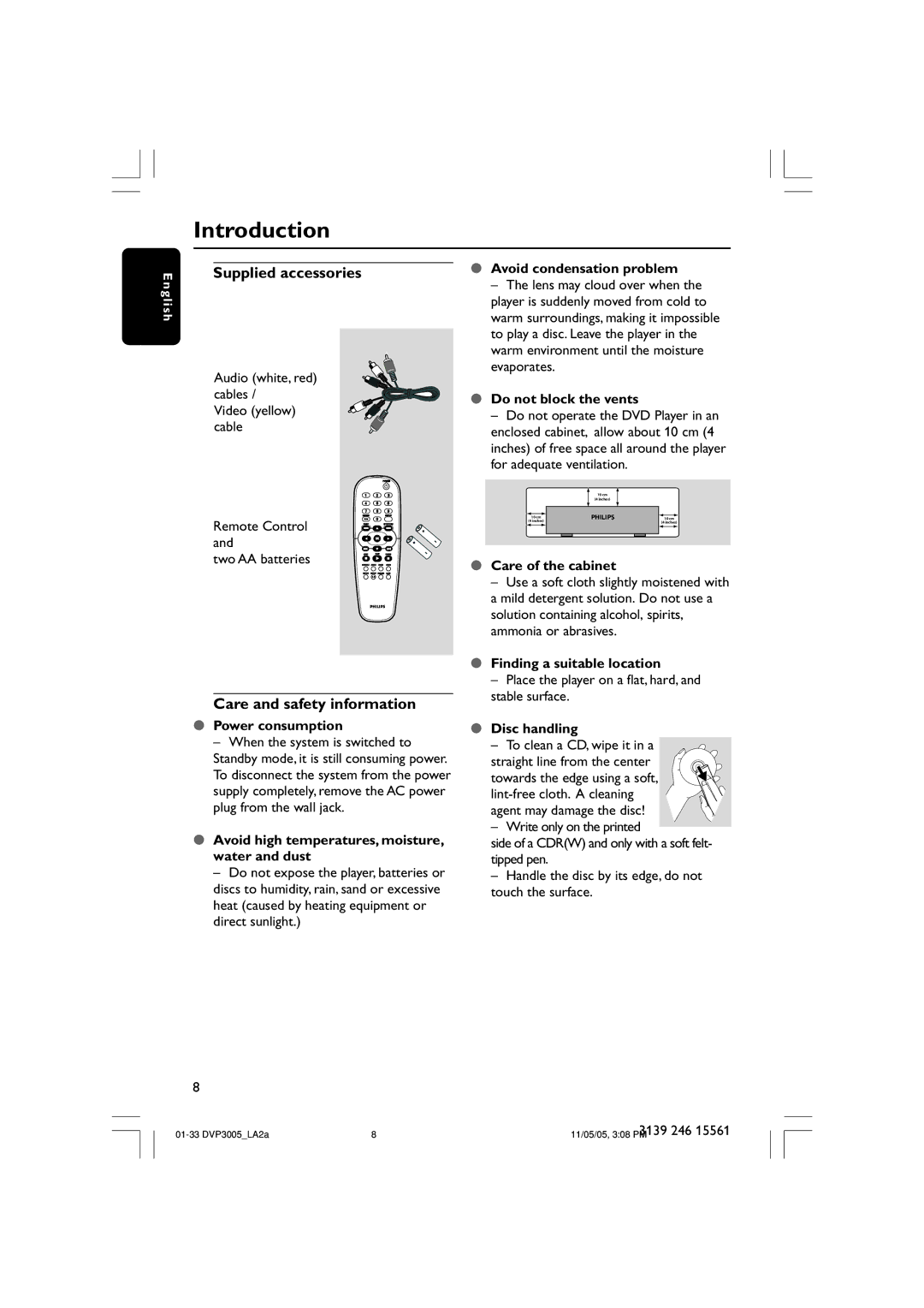 Philips DVP3005/78 user manual Introduction, Supplied accessories, Care and safety information 