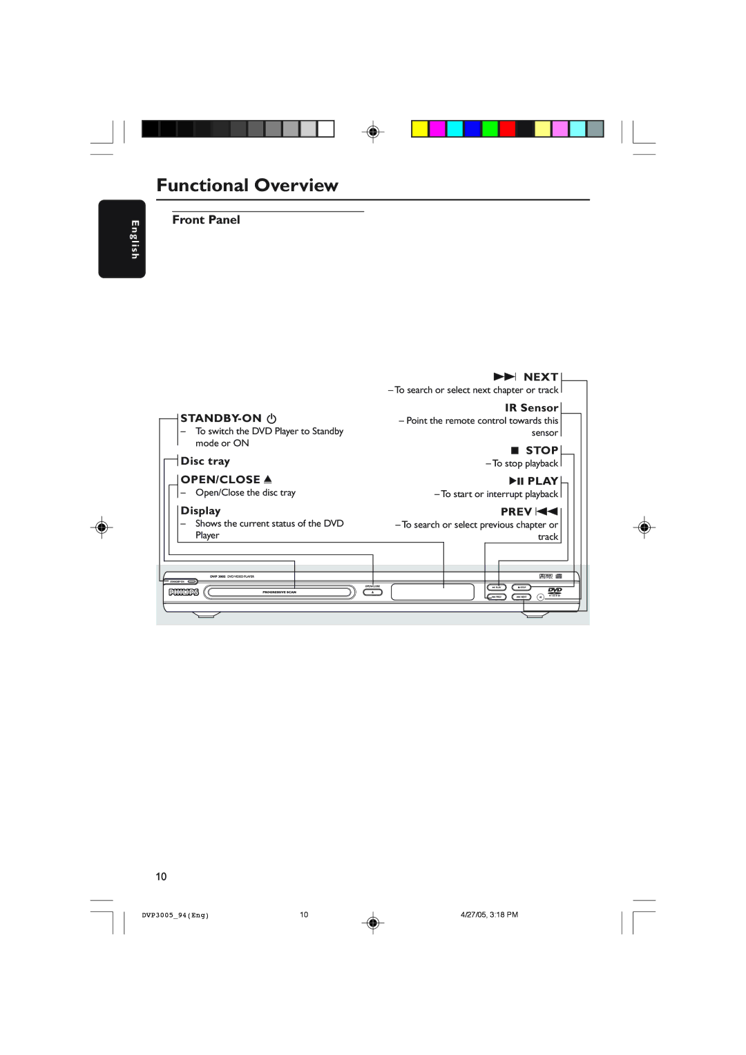 Philips DVP3005/94 user manual Functional Overview, Front Panel 