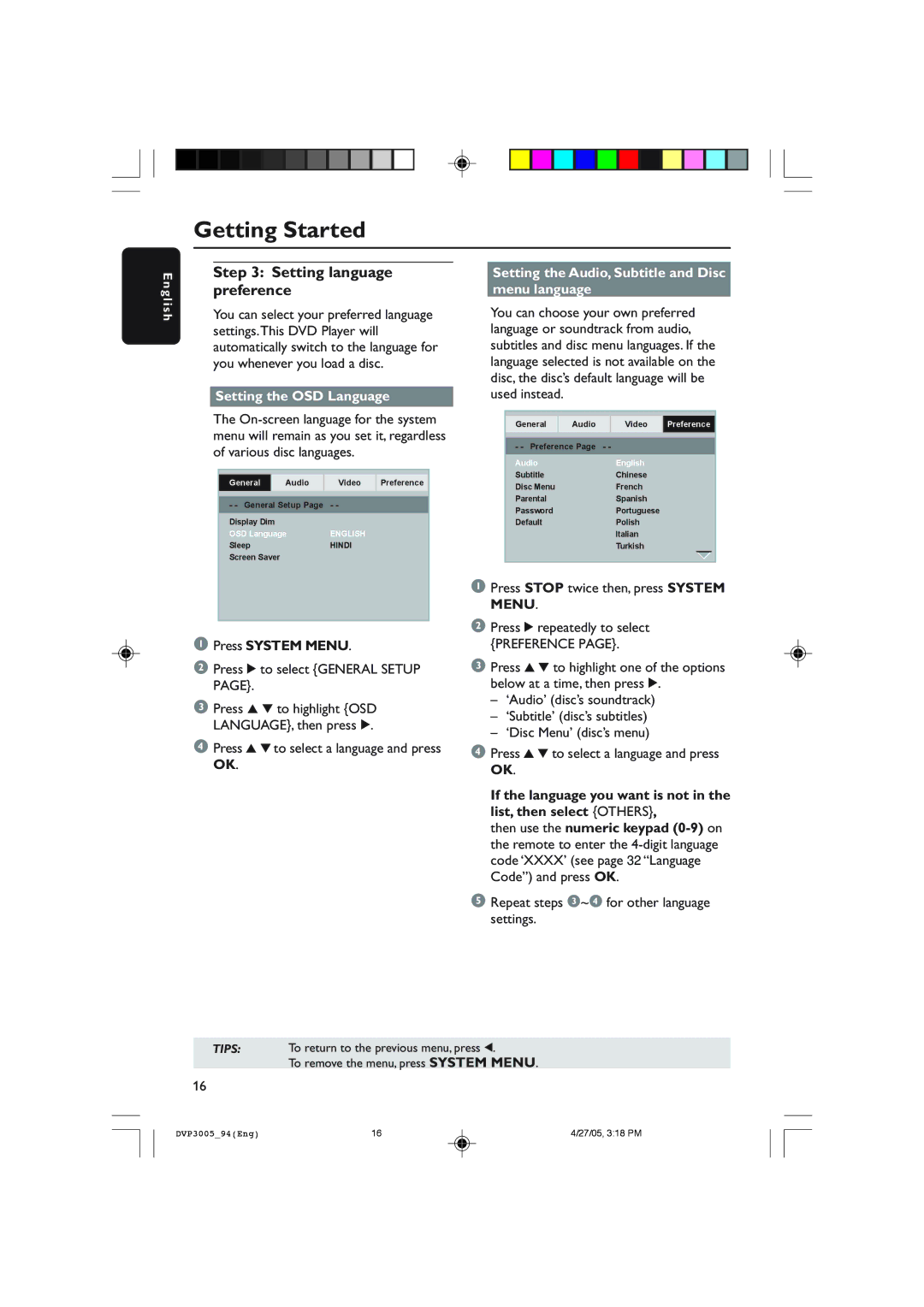 Philips DVP3005/94 user manual Setting language preference, Setting the OSD Language 