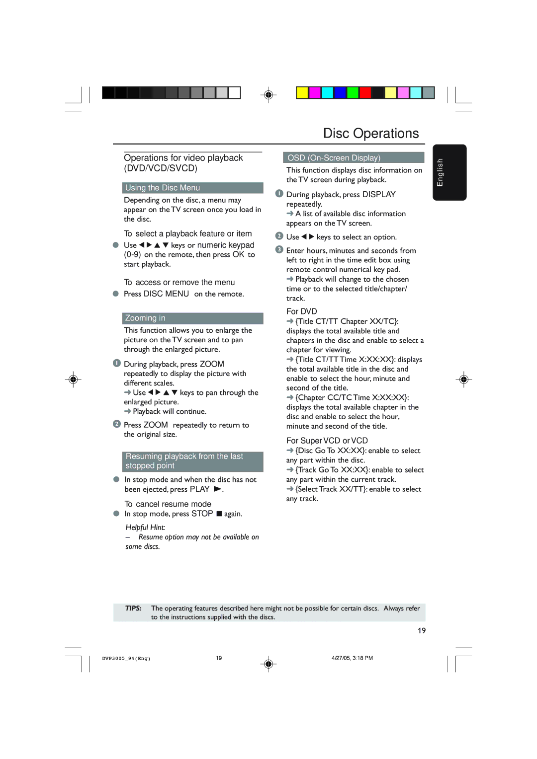 Philips DVP3005/94 Operations for video playback DVD/VCD/SVCD, Using the Disc Menu, Zooming, OSD On-Screen Display 