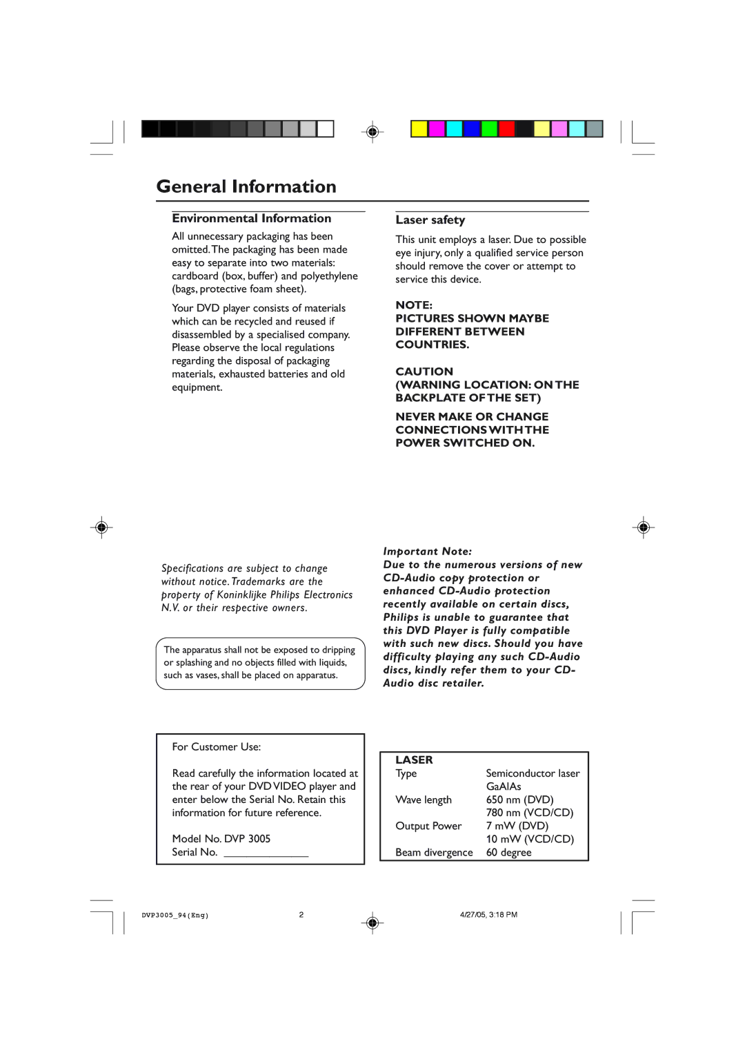 Philips DVP3005/94 user manual General Information, Environmental Information, Laser safety 