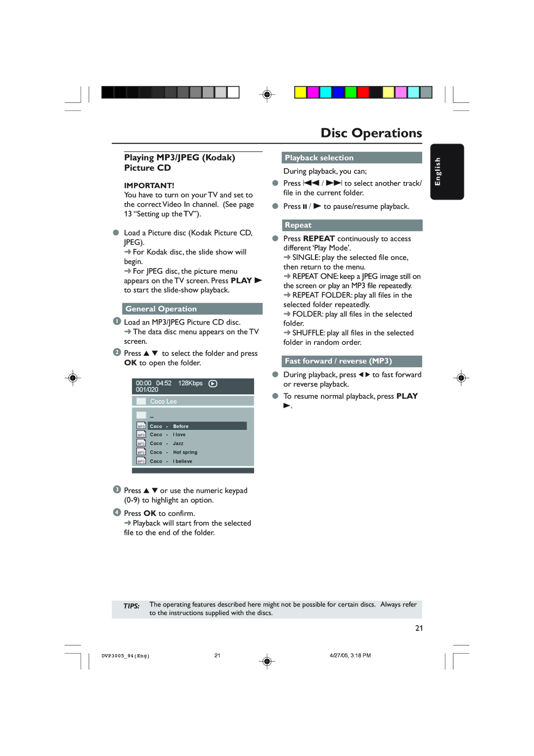 Philips DVP3005/94 user manual Playing MP3/JPEG Kodak Picture CD, General Operation, Playback selection, Repeat 