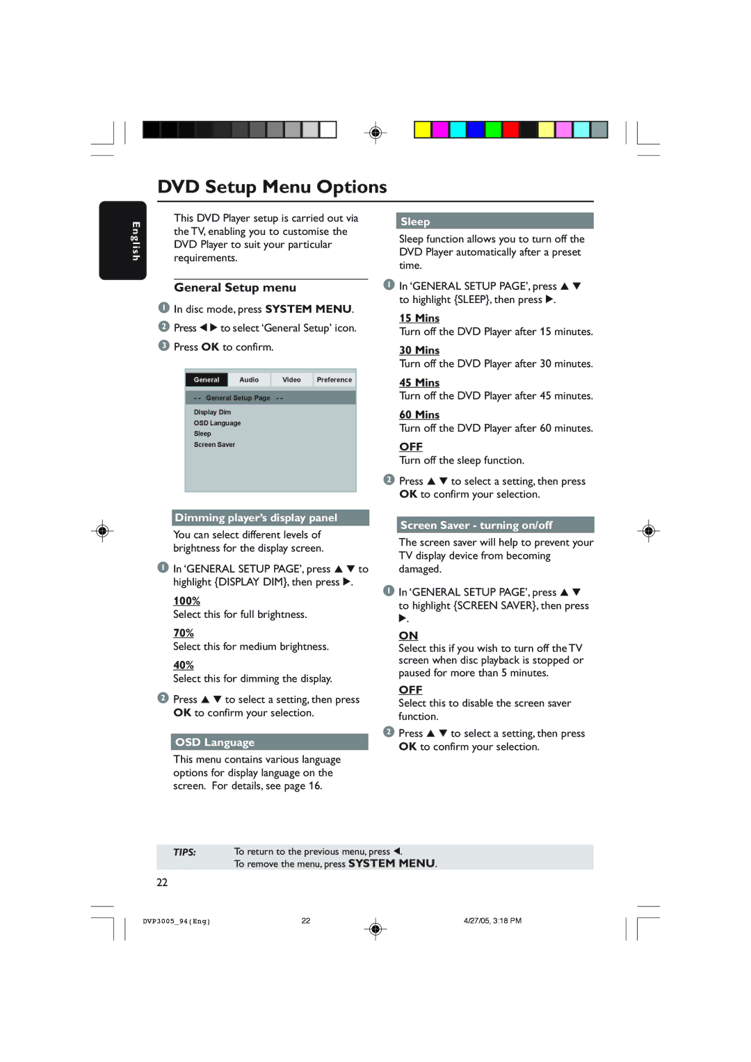 Philips DVP3005/94 user manual DVD Setup Menu Options, General Setup menu, Off 