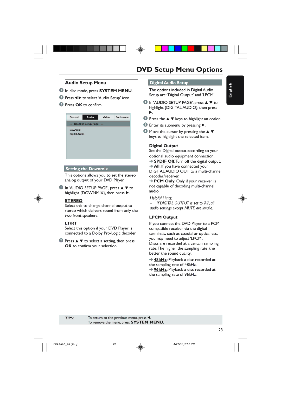 Philips DVP3005/94 user manual Audio Setup Menu, Setting the Downmix, Stereo, Lt/Rt, Digital Audio Setup 