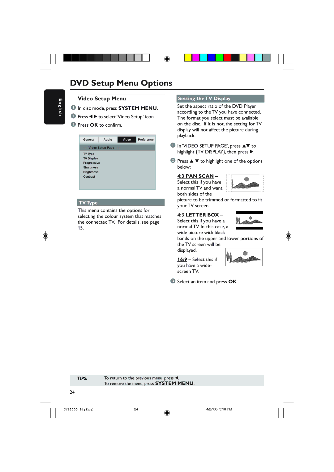 Philips DVP3005/94 user manual Video Setup Menu, TV Type, Setting the TV Display 