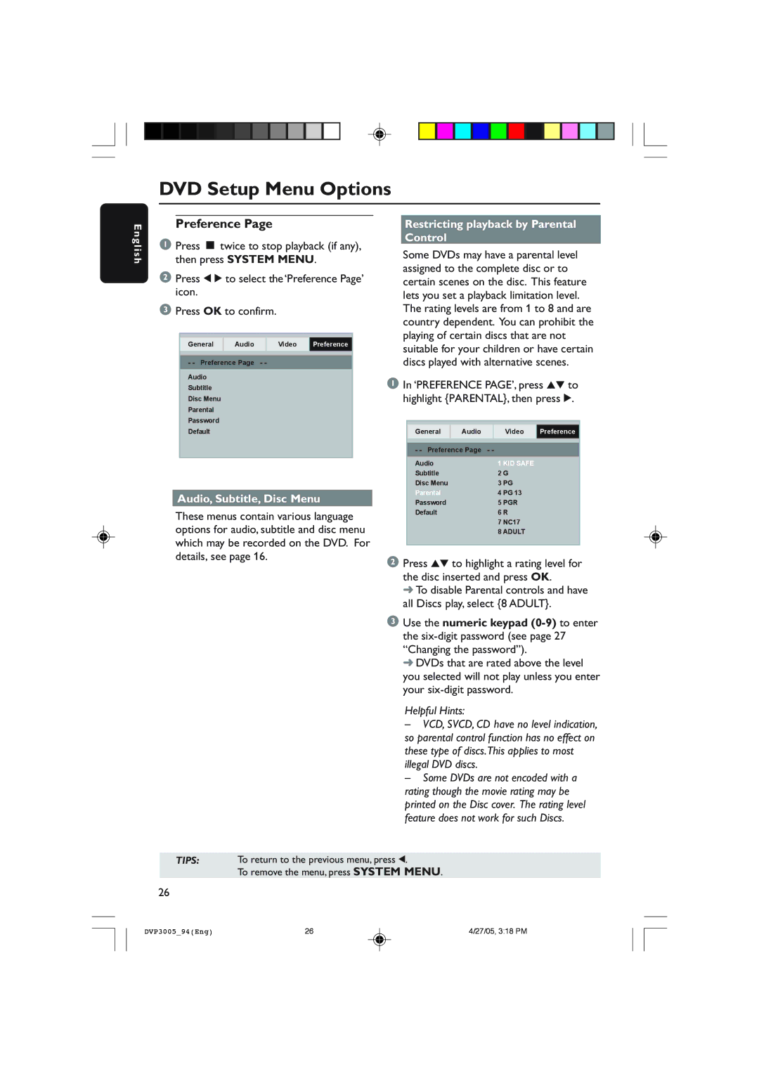 Philips DVP3005/94 user manual Preference, Audio, Subtitle, Disc Menu, Restricting playback by Parental Control 