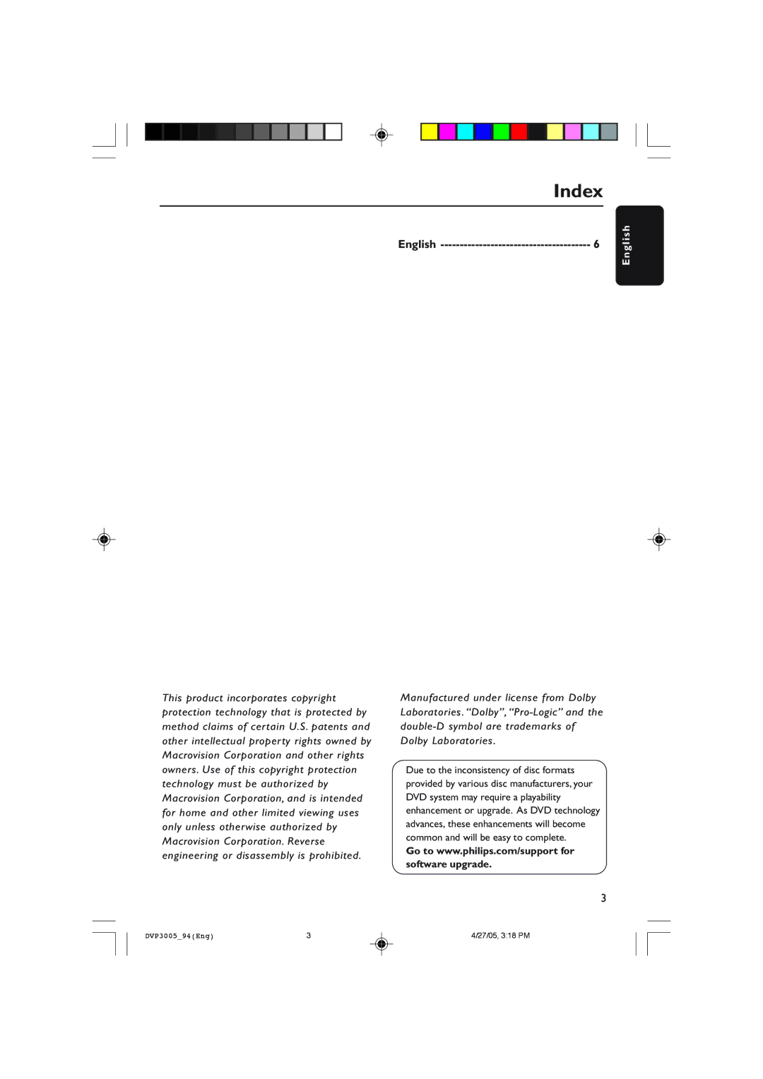 Philips DVP3005/94 user manual Index, English 