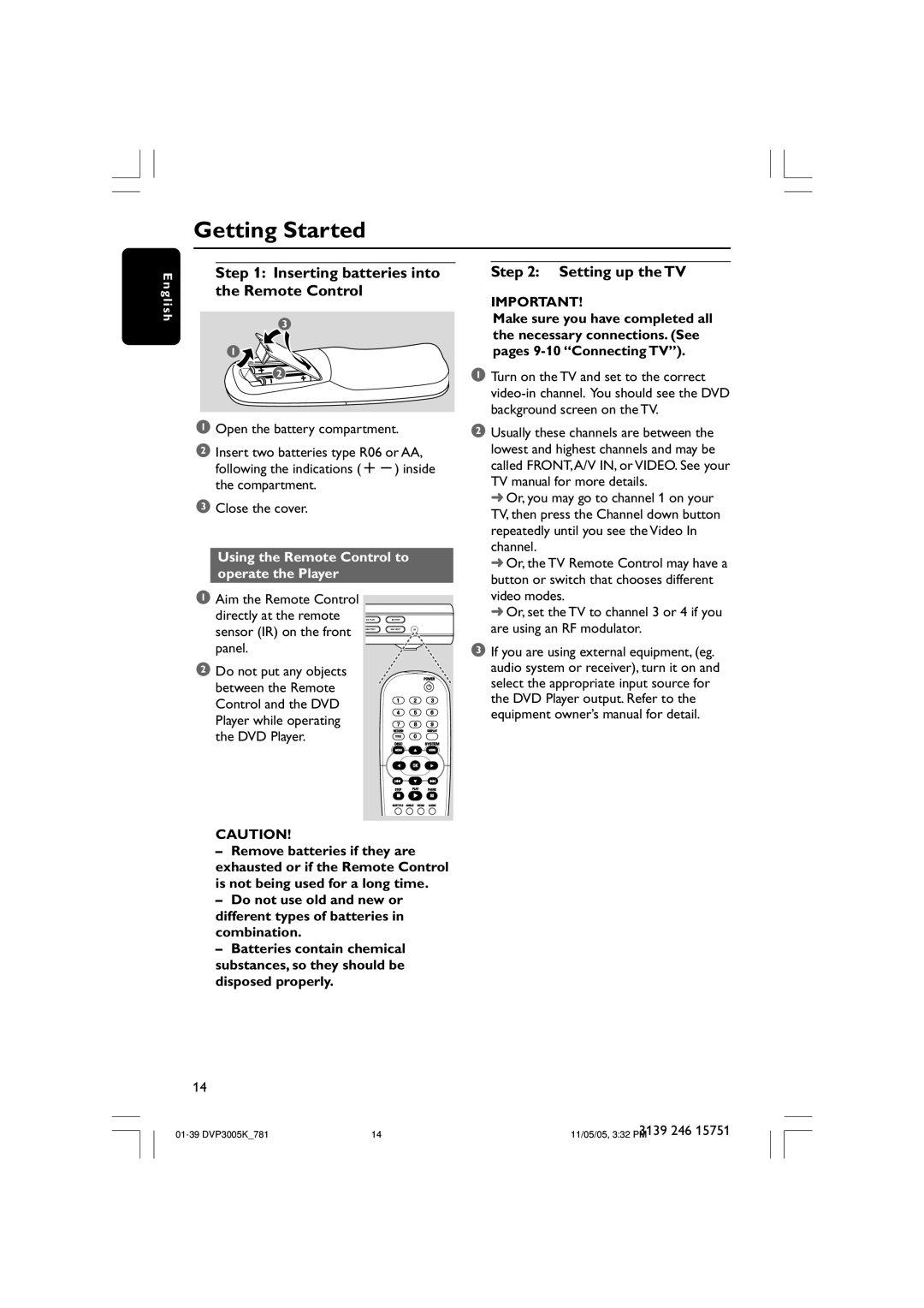 Philips DVP3005K user manual Getting Started, Inserting batteries into the Remote Control, Setting up the TV 