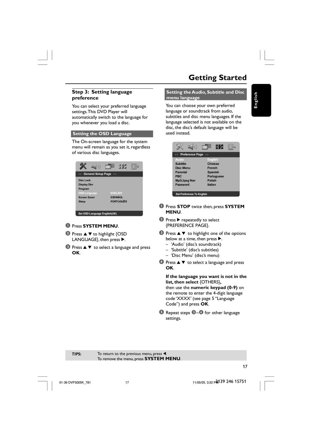 Philips DVP3005K Setting language preference, Setting the OSD Language, Press 3 4 to select a language and press OK 