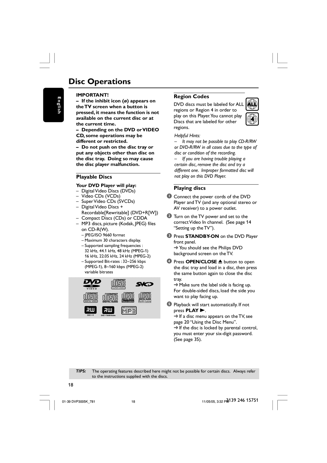 Philips DVP3005K user manual Disc Operations, Playable Discs, Region Codes, Playing discs, Your DVD Player will play 