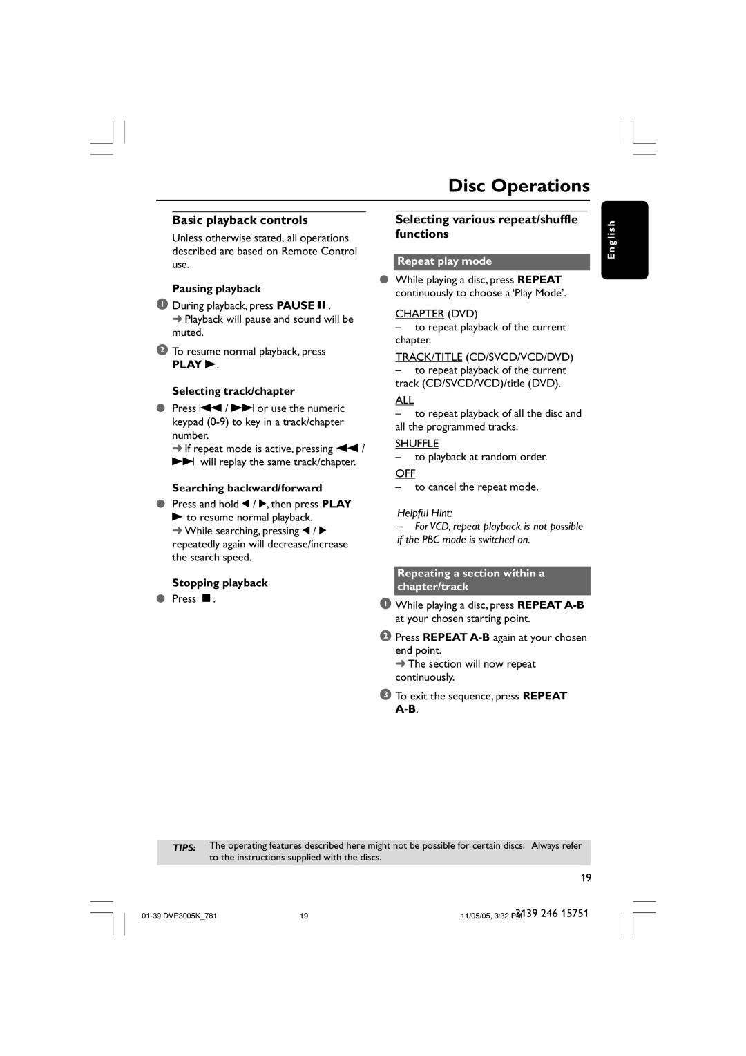 Philips DVP3005K user manual Basic playback controls, Selecting various repeat/shuffle functions, Play B, Repeat play mode 