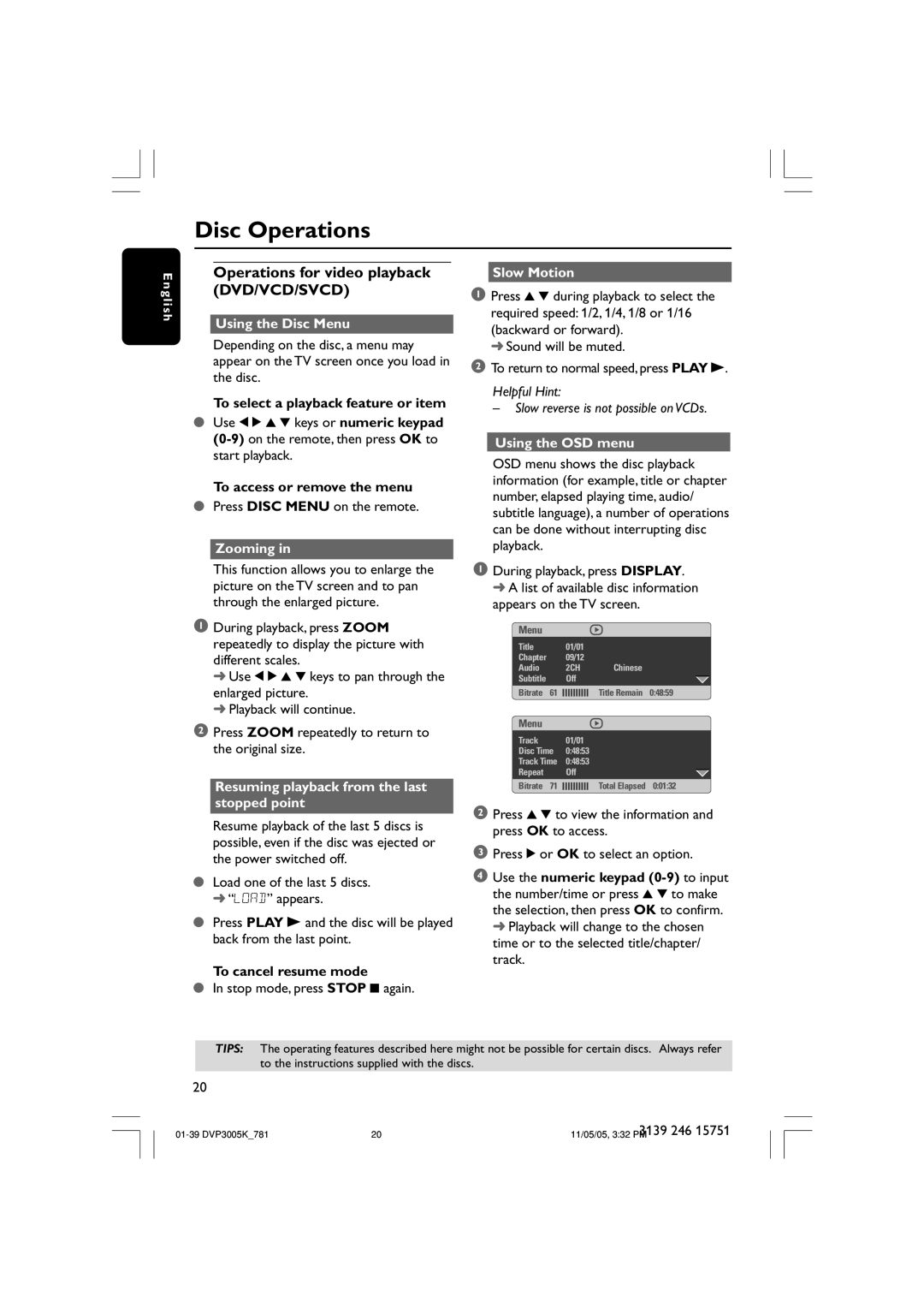 Philips DVP3005K user manual Operations for video playback DVD/VCD/SVCD 