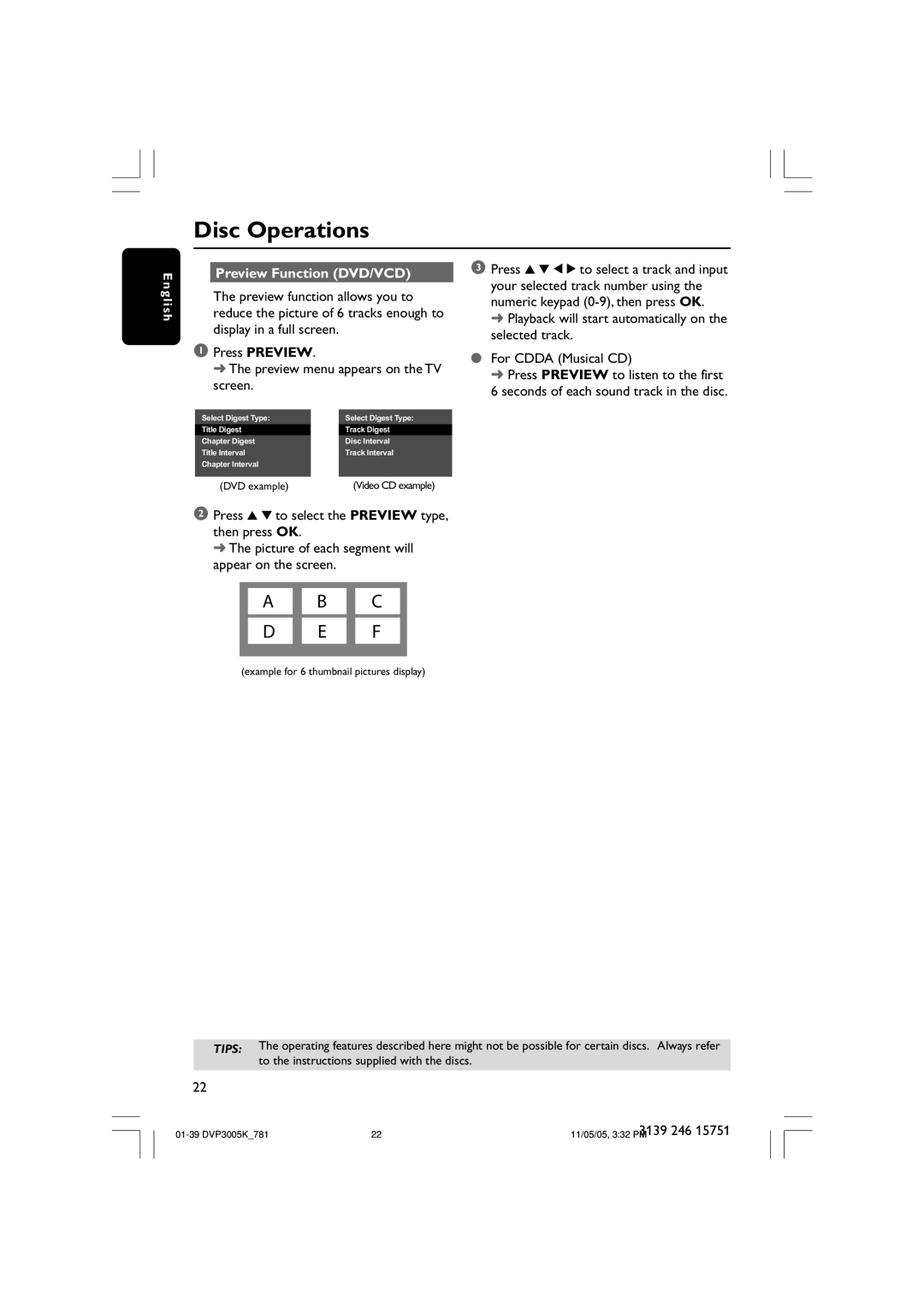 Philips DVP3005K user manual Preview Function DVD/VCD 