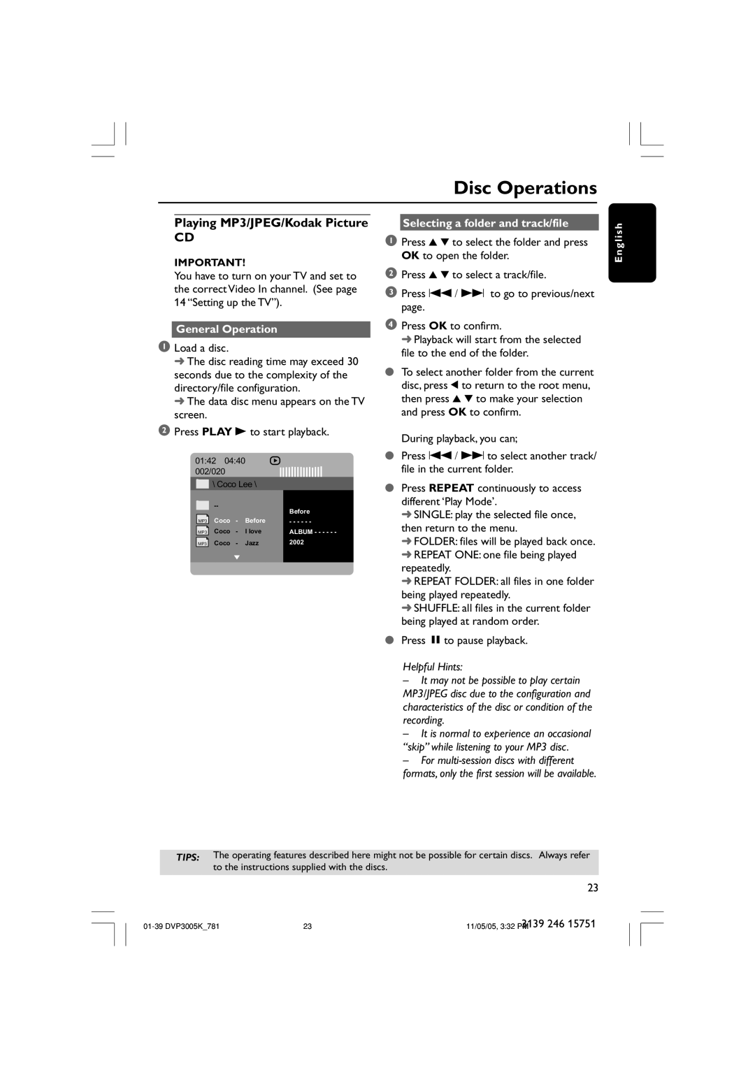 Philips DVP3005K user manual Playing MP3/JPEG/Kodak Picture, General Operation, Selecting a folder and track/file 