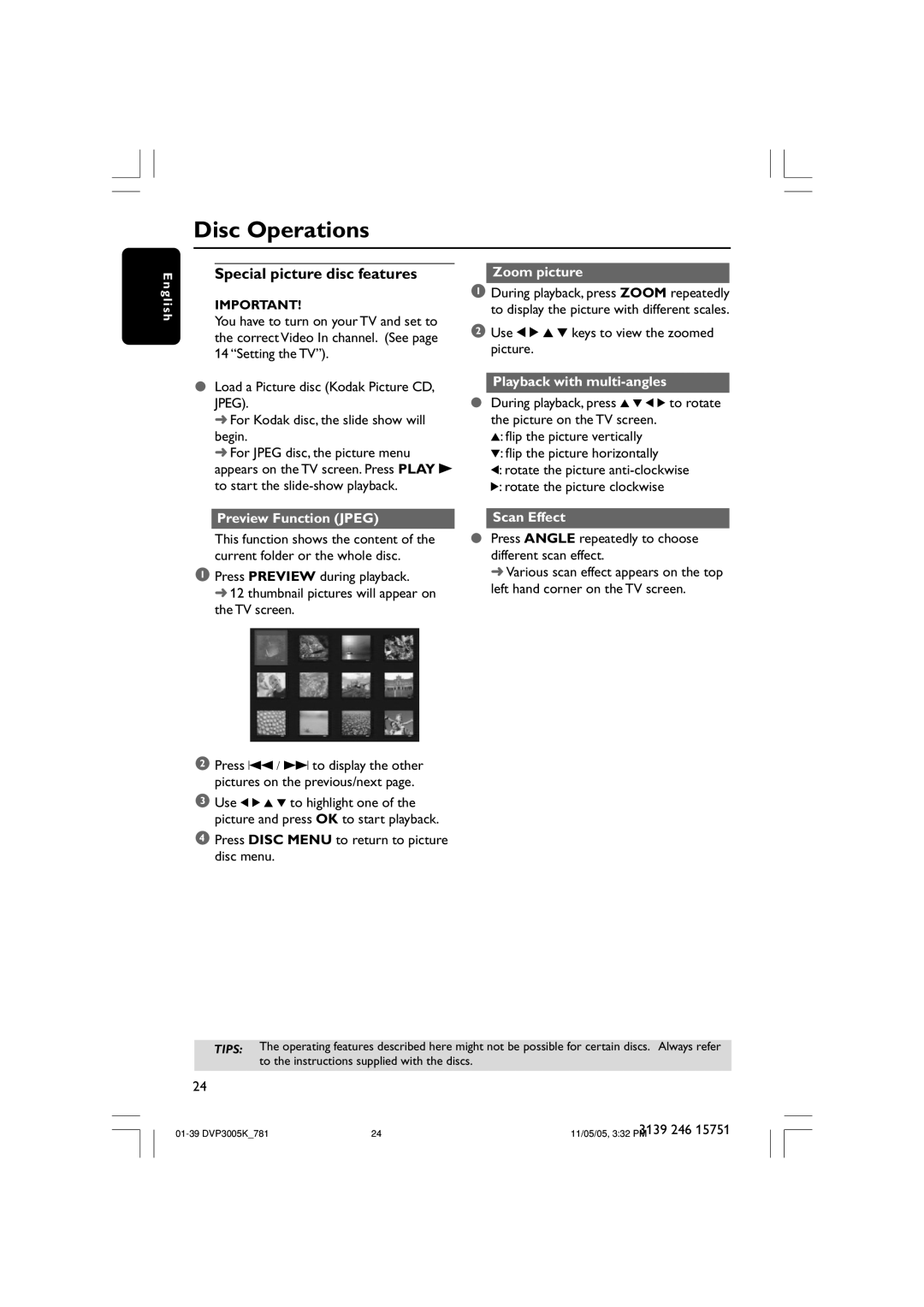 Philips DVP3005K user manual Special picture disc features, Zoom picture, Use 1 2 3 4 keys to view the zoomed picture 