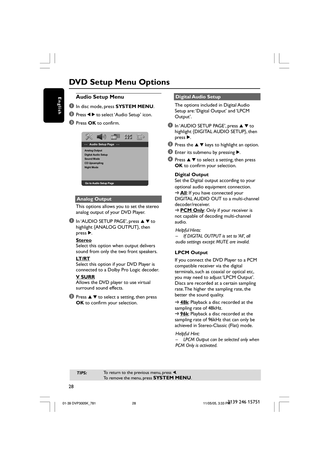 Philips DVP3005K user manual Audio Setup Menu, Digital Audio Setup, Digital Output, Lpcm Output 