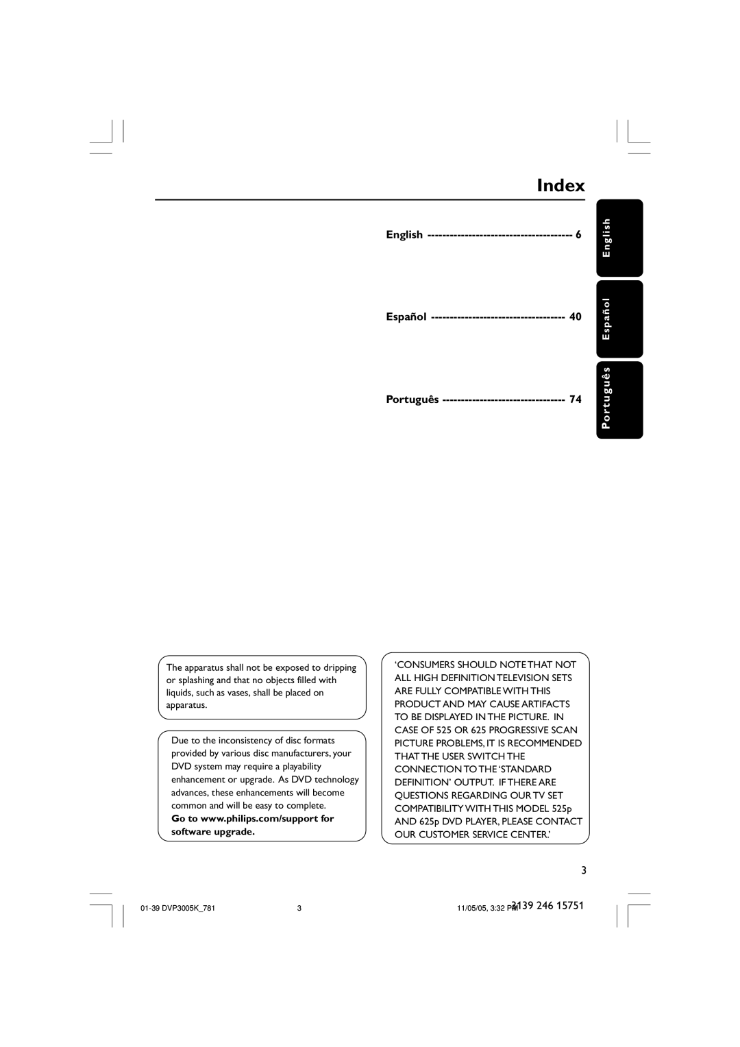 Philips DVP3005K user manual Index, English Español Português, RPo ut ug sê 