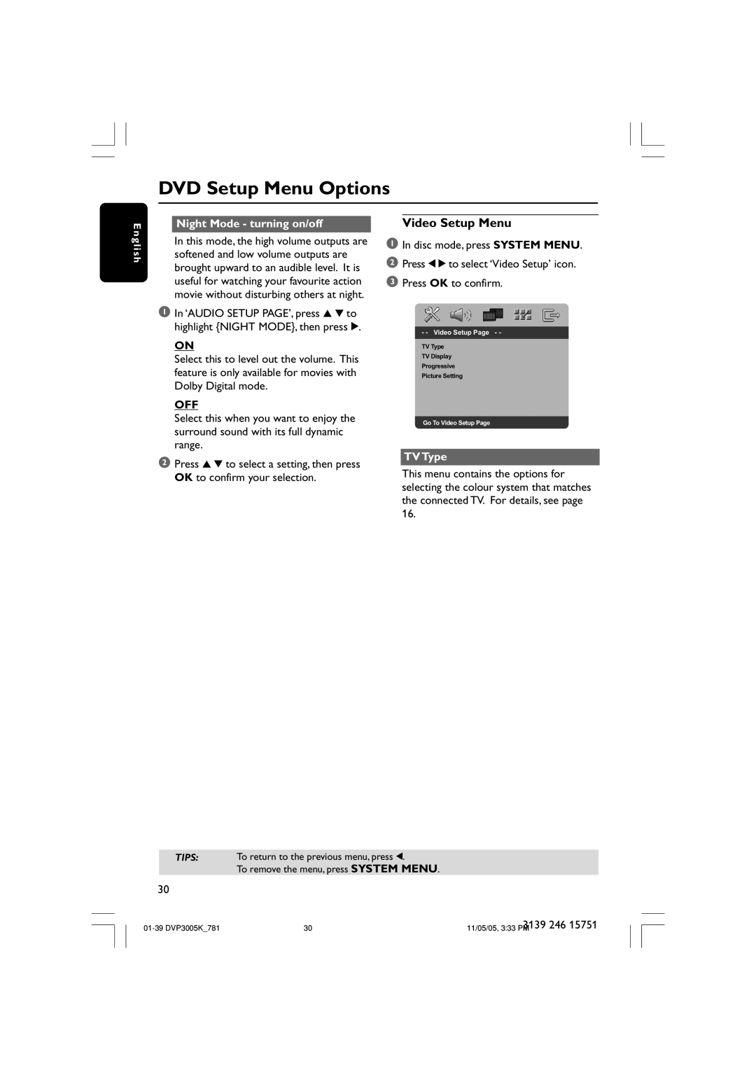 Philips DVP3005K user manual Video Setup Menu, Night Mode turning on/off, TV Type 