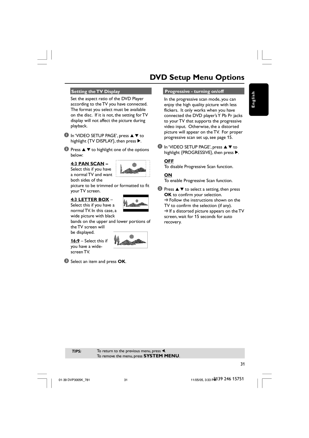 Philips DVP3005K user manual Setting the TV Display Progressive turning on/off 