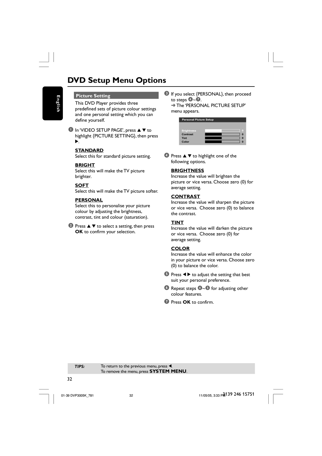 Philips DVP3005K user manual Standard, Soft, Personal, Brightness, Contrast, Tint, Color 