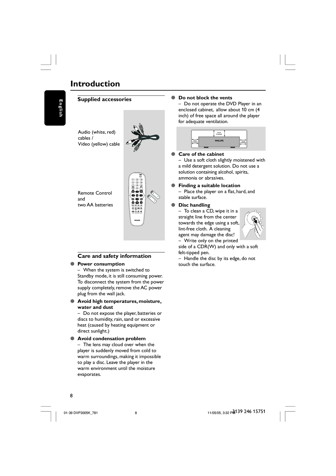 Philips DVP3005K user manual Introduction, Supplied accessories, Care and safety information 