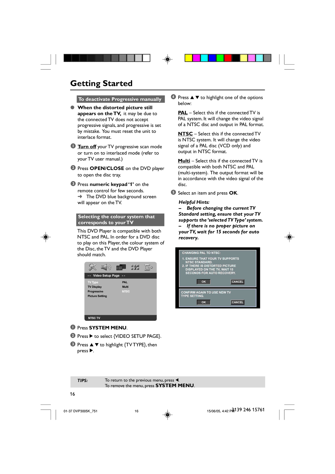 Philips DVP3005K/74 user manual To deactivate Progressive manually, Helpful Hints 