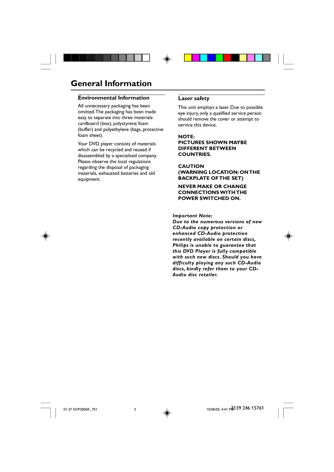 Philips DVP3005K/74 user manual General Information, Environmental Information, Laser safety 