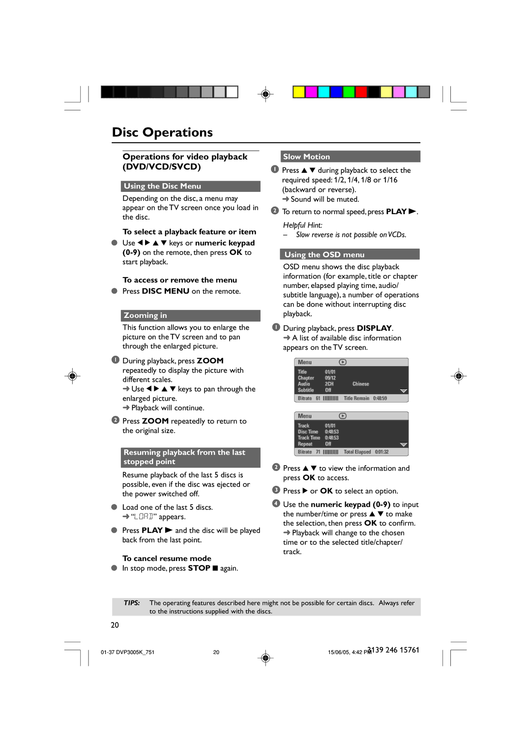 Philips DVP3005K/74 user manual Operations for video playback DVD/VCD/SVCD 