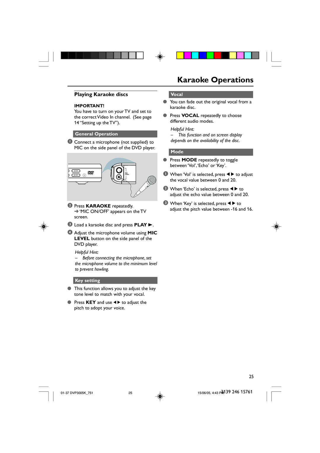 Philips DVP3005K/74 user manual Karaoke Operations, Playing Karaoke discs, Vocal, Mode, Key setting 