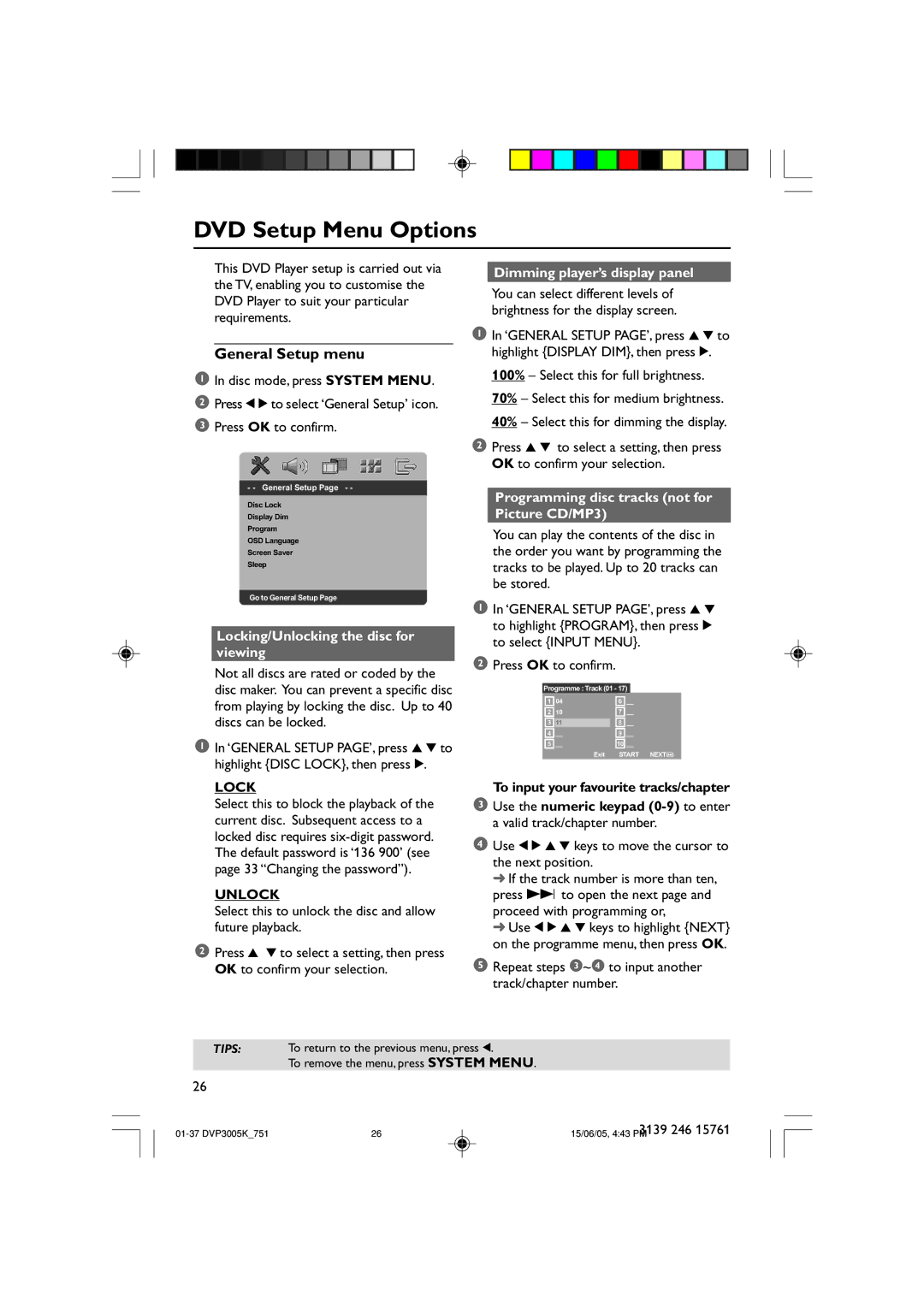 Philips DVP3005K/74 user manual DVD Setup Menu Options, General Setup menu, Lock, Unlock 