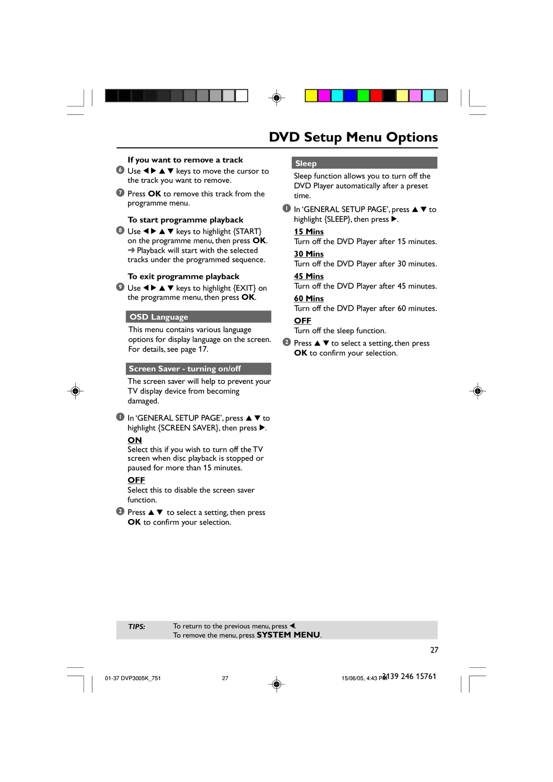 Philips DVP3005K/74 user manual Sleep, Mins, Off 