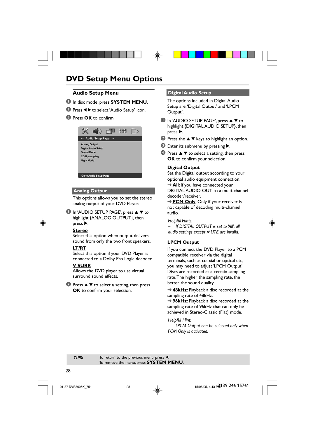 Philips DVP3005K/74 user manual Audio Setup Menu, Analog Output, Lt/Rt, Surr, Digital Audio Setup 