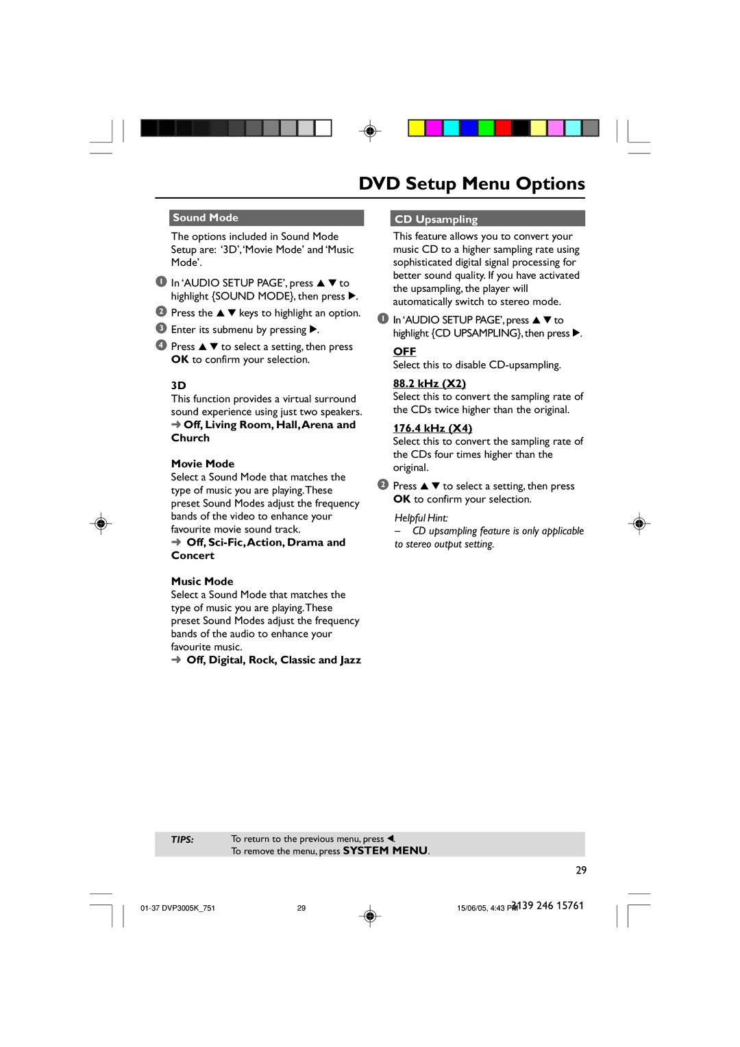 Philips DVP3005K/74 user manual Sound Mode CD Upsampling 