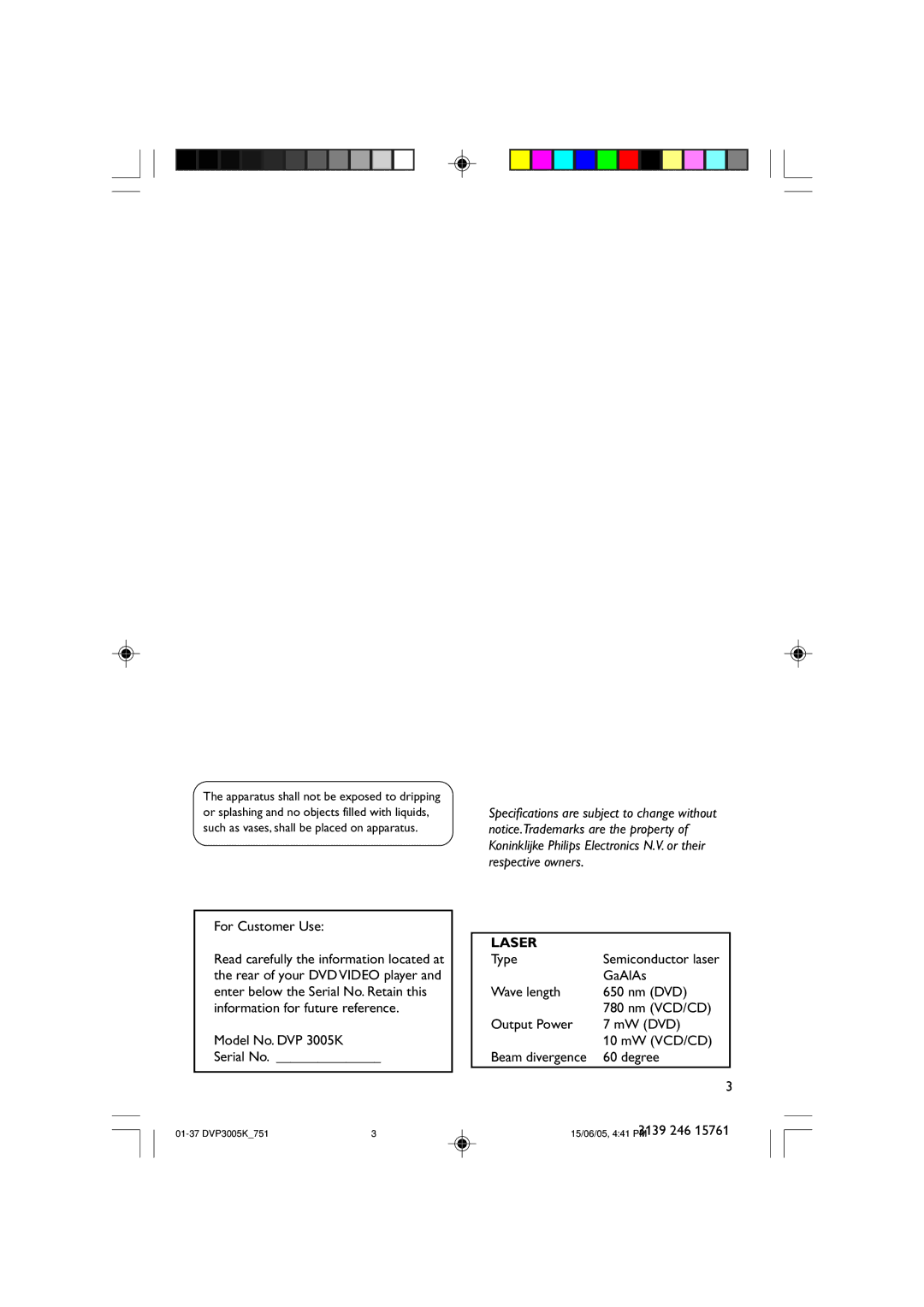 Philips DVP3005K/74 user manual For Customer Use, Model No. DVP 3005K Serial No, Laser, Type, GaAlAs 